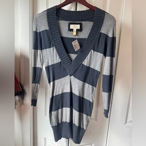 American Eagle Outfitters Striped V-Neck Sweater - Gray & Navy